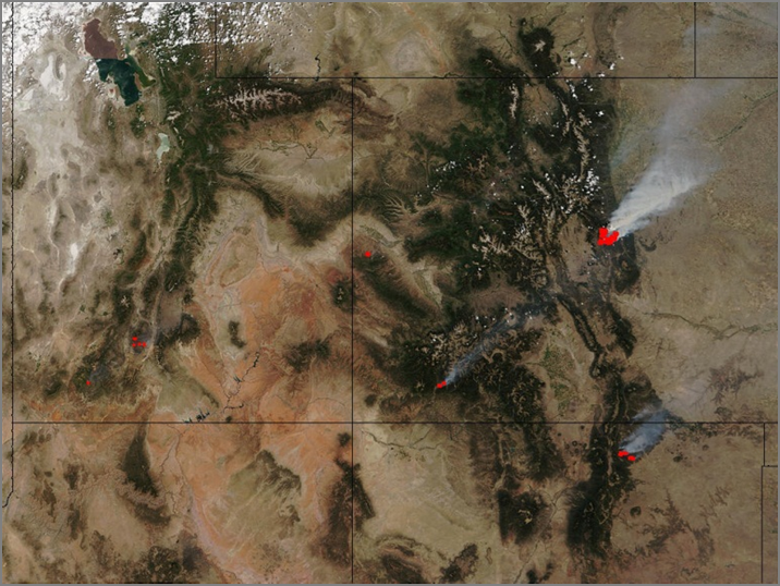 An image from MODIS of fires over Colorado
